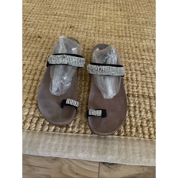 Mephisto Helen Spark Sandals 38 Black Rhinestone Cork Wedge Comfort Slides - Picture 1 of 8